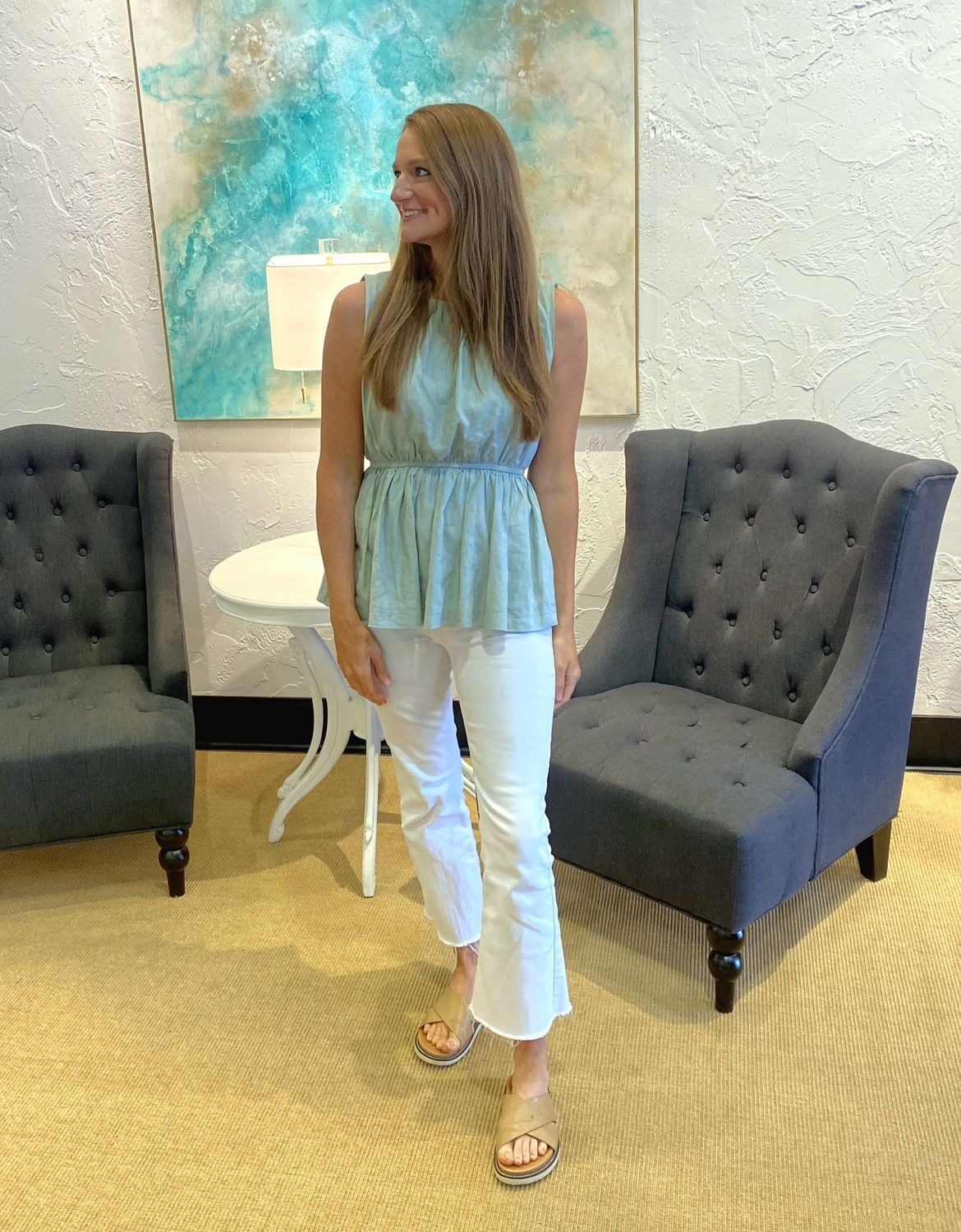 Crew Neck Shirred  Sleeveless Blouse, mint