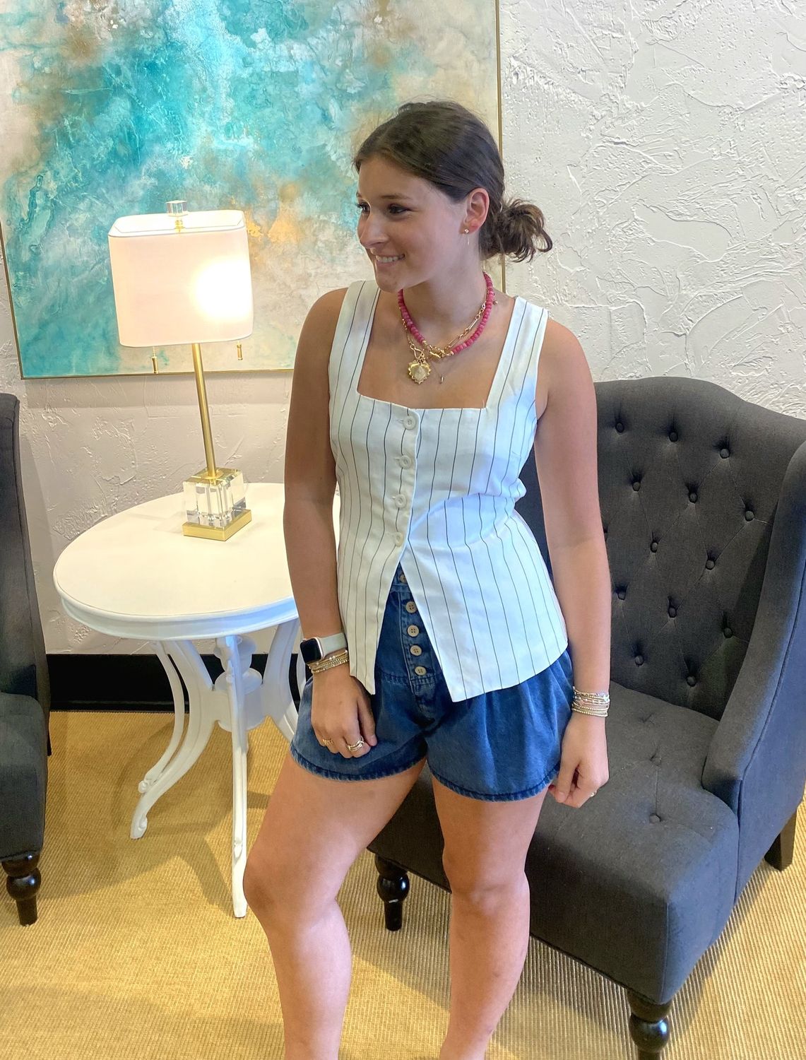 White/black pinstripe vest blouse