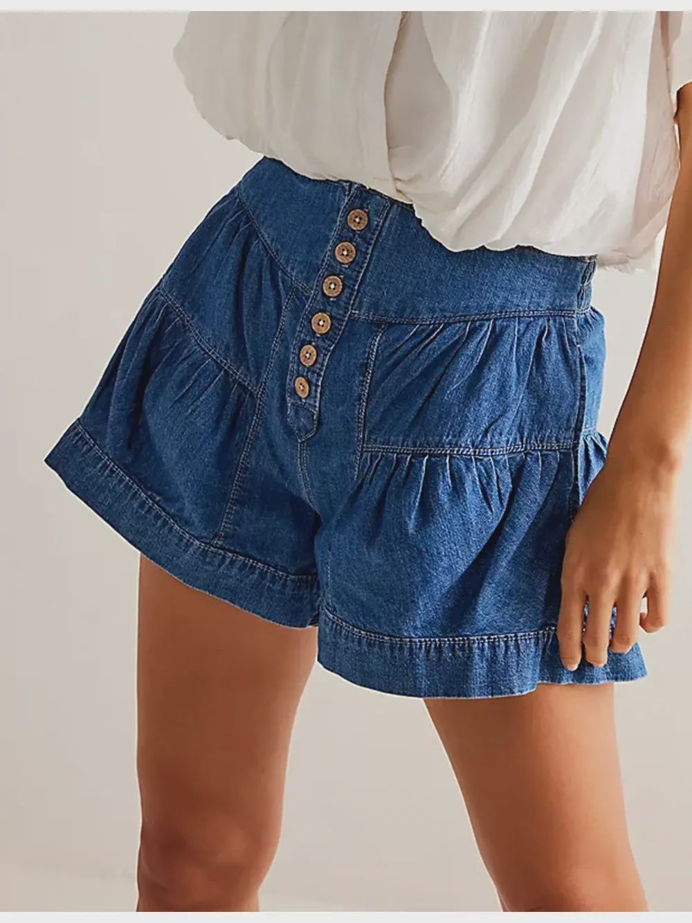 Flared Denim Shorts Elastic Waist