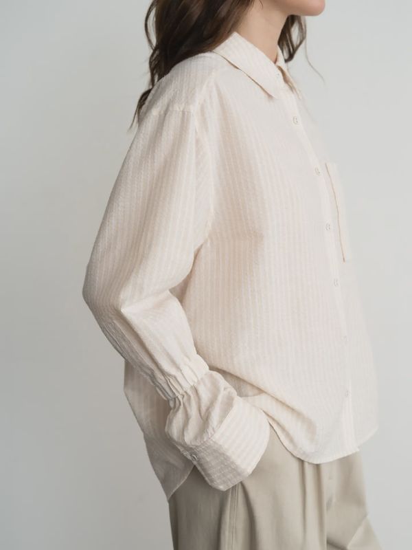 Textured Top, cinch flared long sleeve, cream stripe