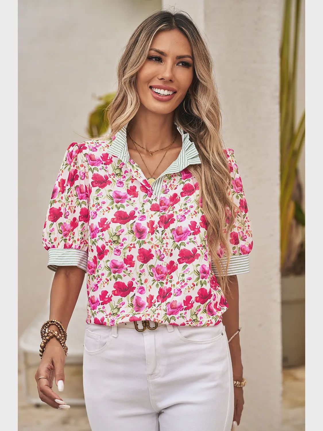 Floral Top, Green Stripe Trim