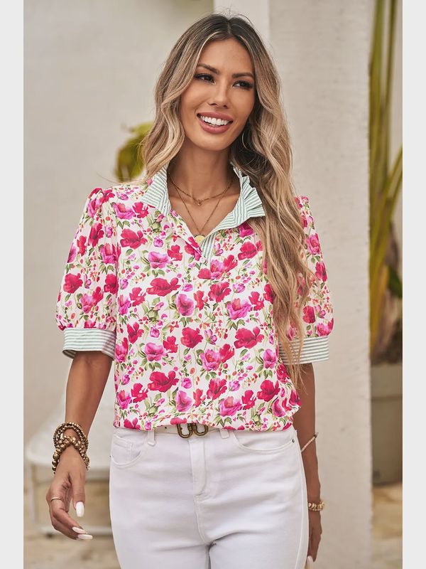 Floral Top, Green Stripe Trim
