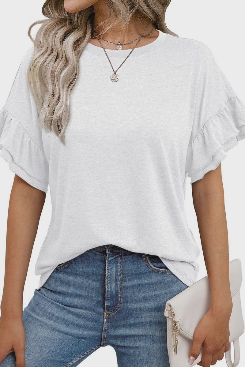 S/S Ruffle Sleeve Round Neck Top
