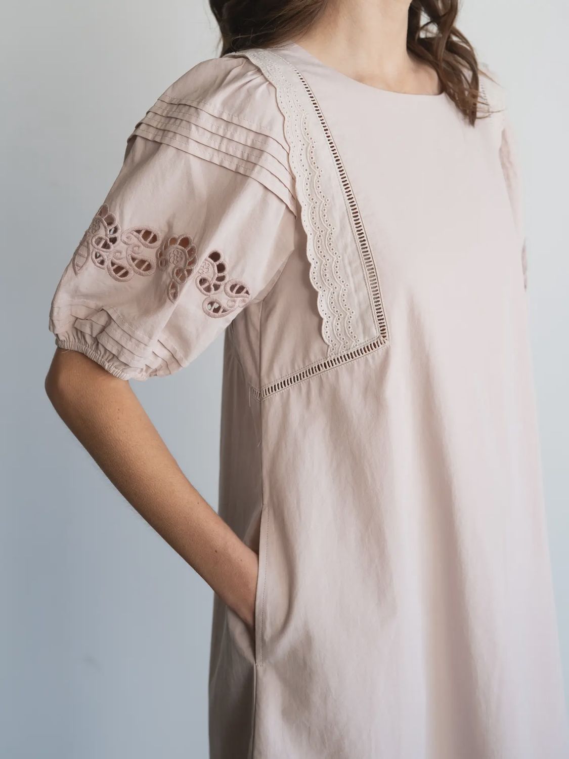 Eyelet & Lace Detail Puff Sleeve Mini Dress, blush
