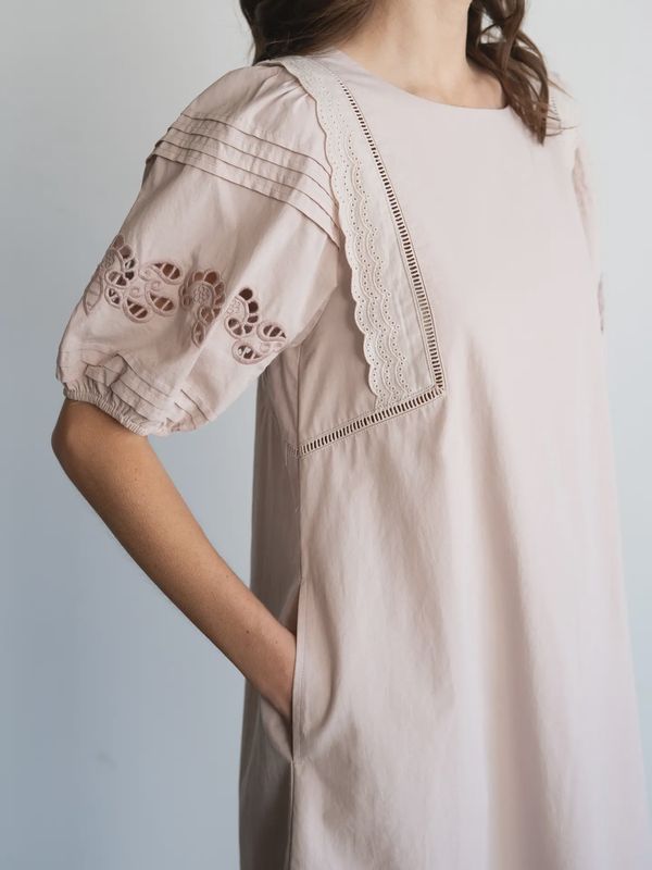 Eyelet & Lace Detail Puff Sleeve Mini Dress, blush