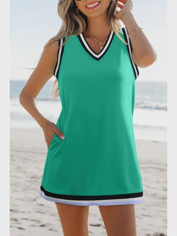Green Colorblock V Neck active dress