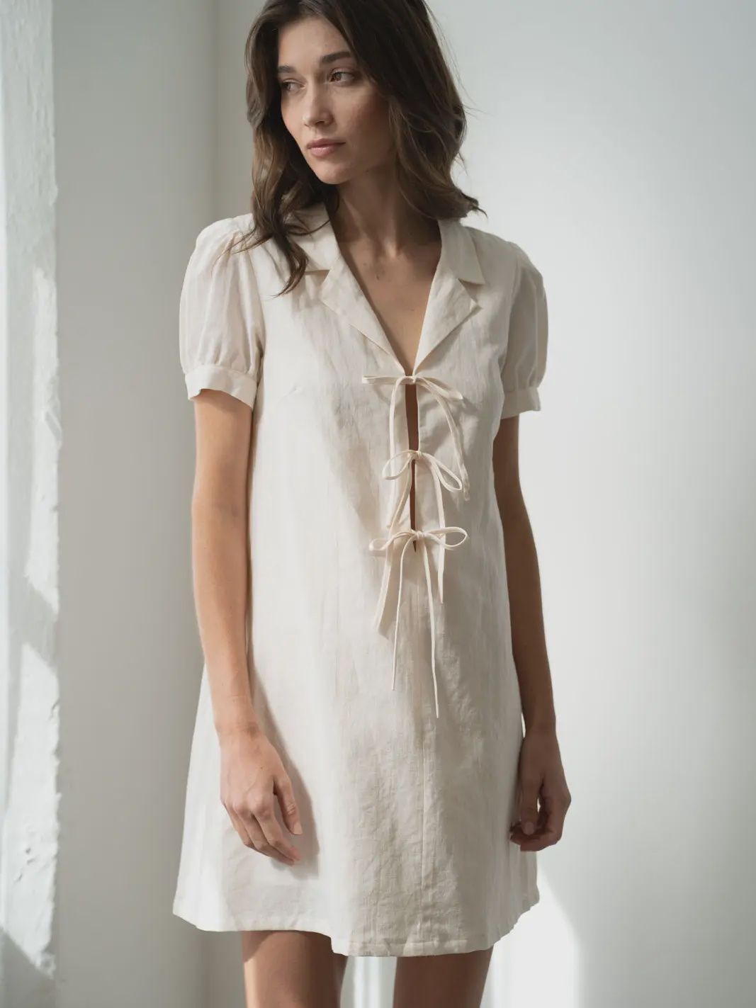 Tie Front Collared Neck Puff Sleeve Mini Dress, ivory