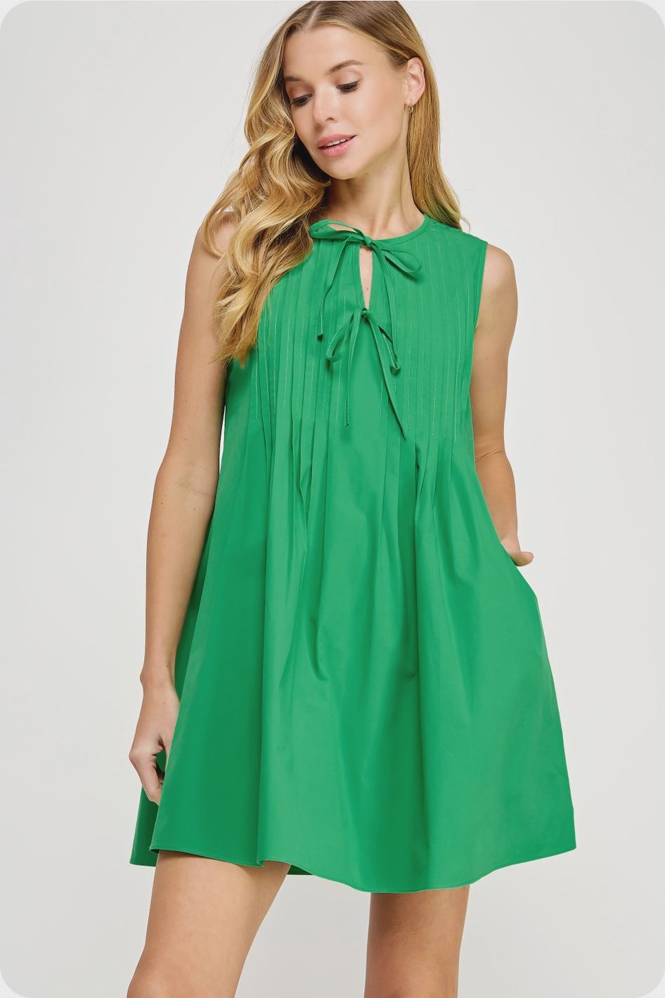 Emerald Pintuck Sleeveless Poplin Dress