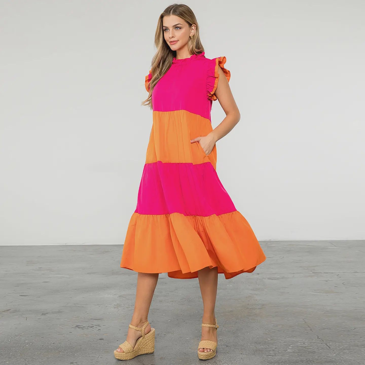 Colorblock Poplin Midi Dress, pink/orange