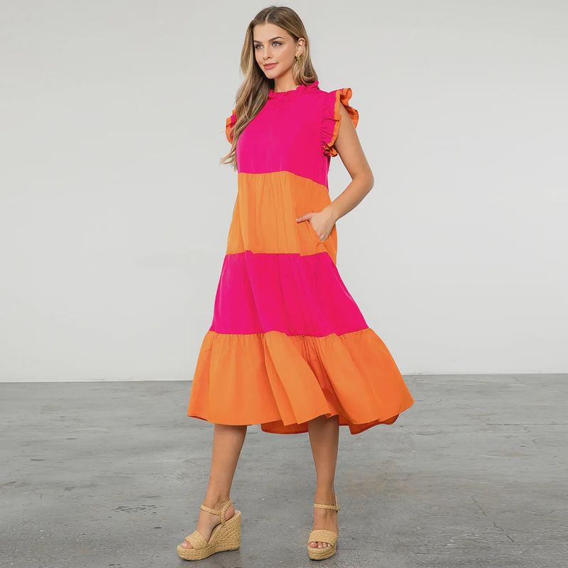 Colorblock Poplin Midi Dress, pink/orange