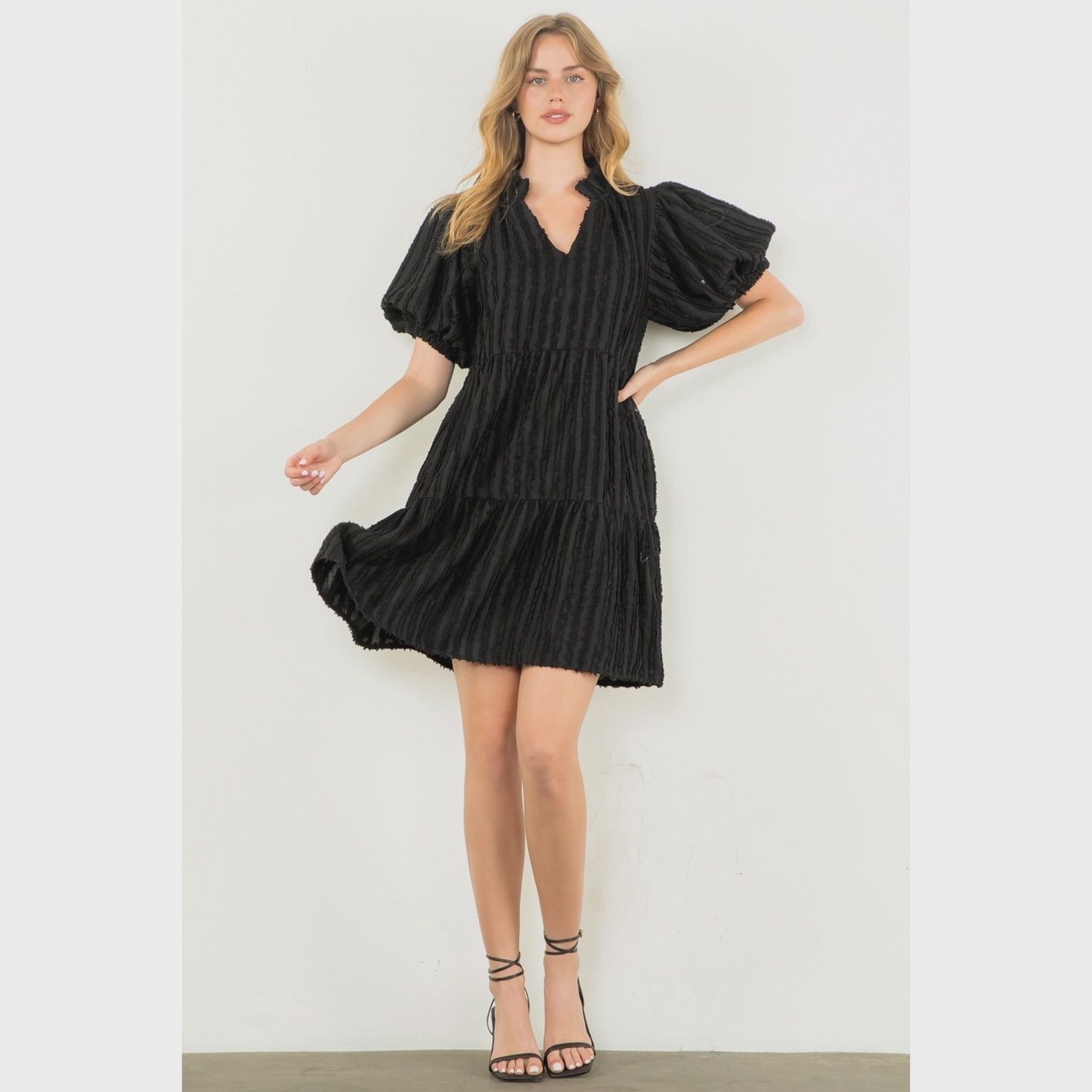 Black Bubble sleeve textured tiered dress