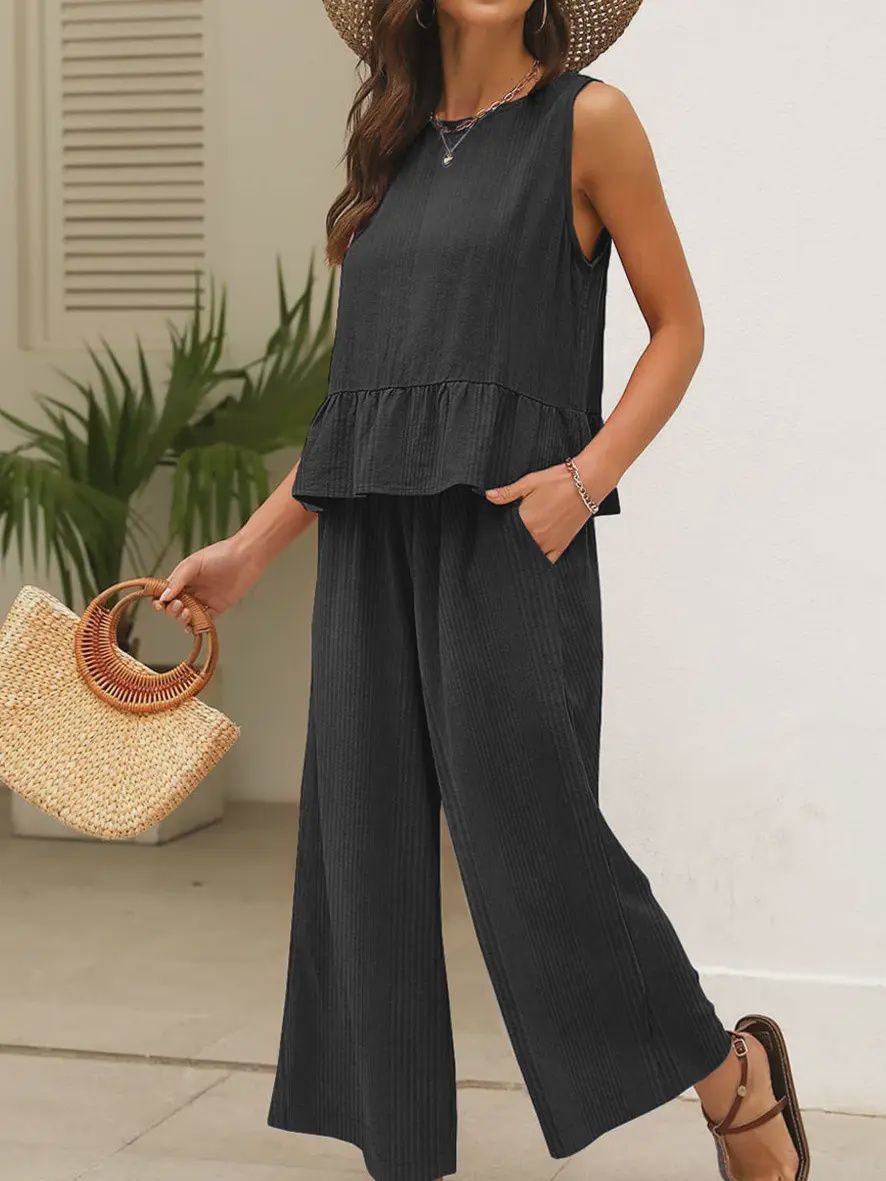Black Ribbed Ruffle top and pants