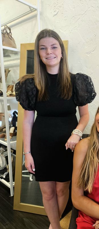 Black sheer puff sleeve knit dress