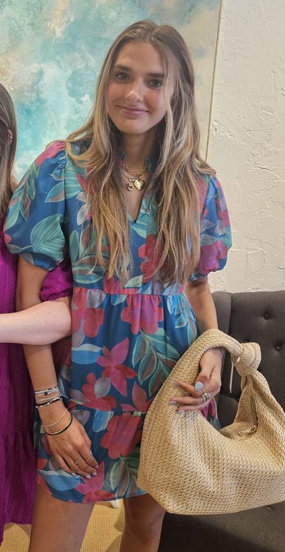 Teal Flower Print dress with puff sleeve