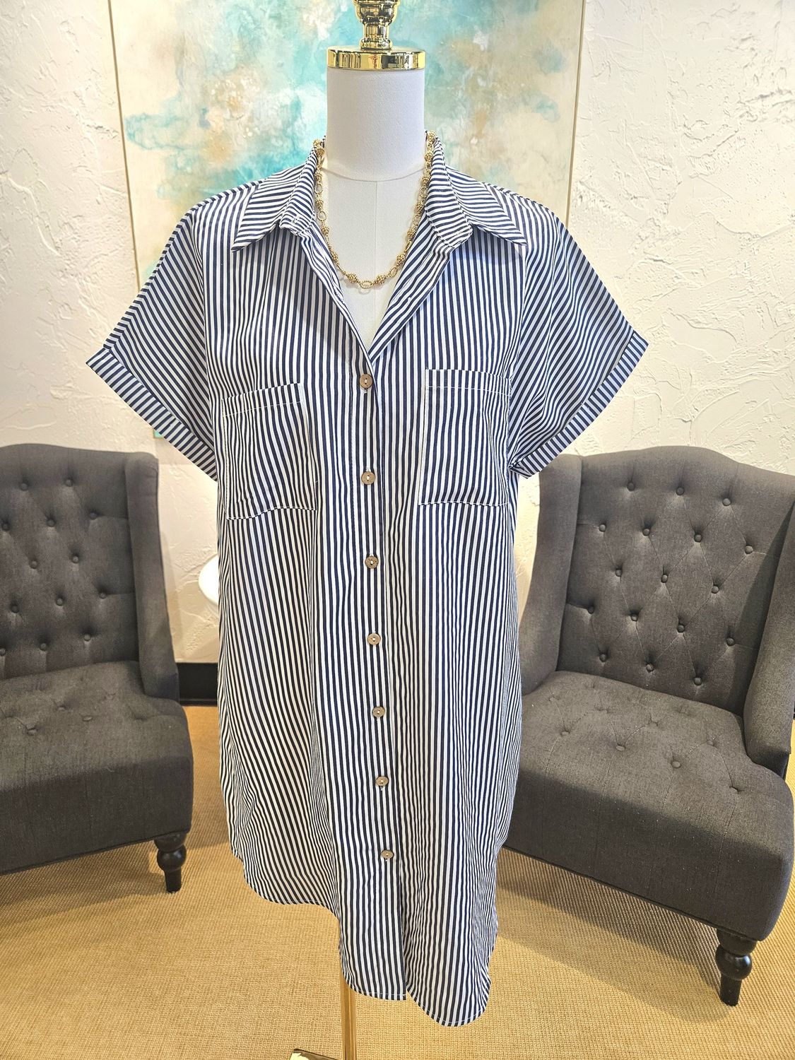 Commuter Striped Mid-Length Dress Navy/White