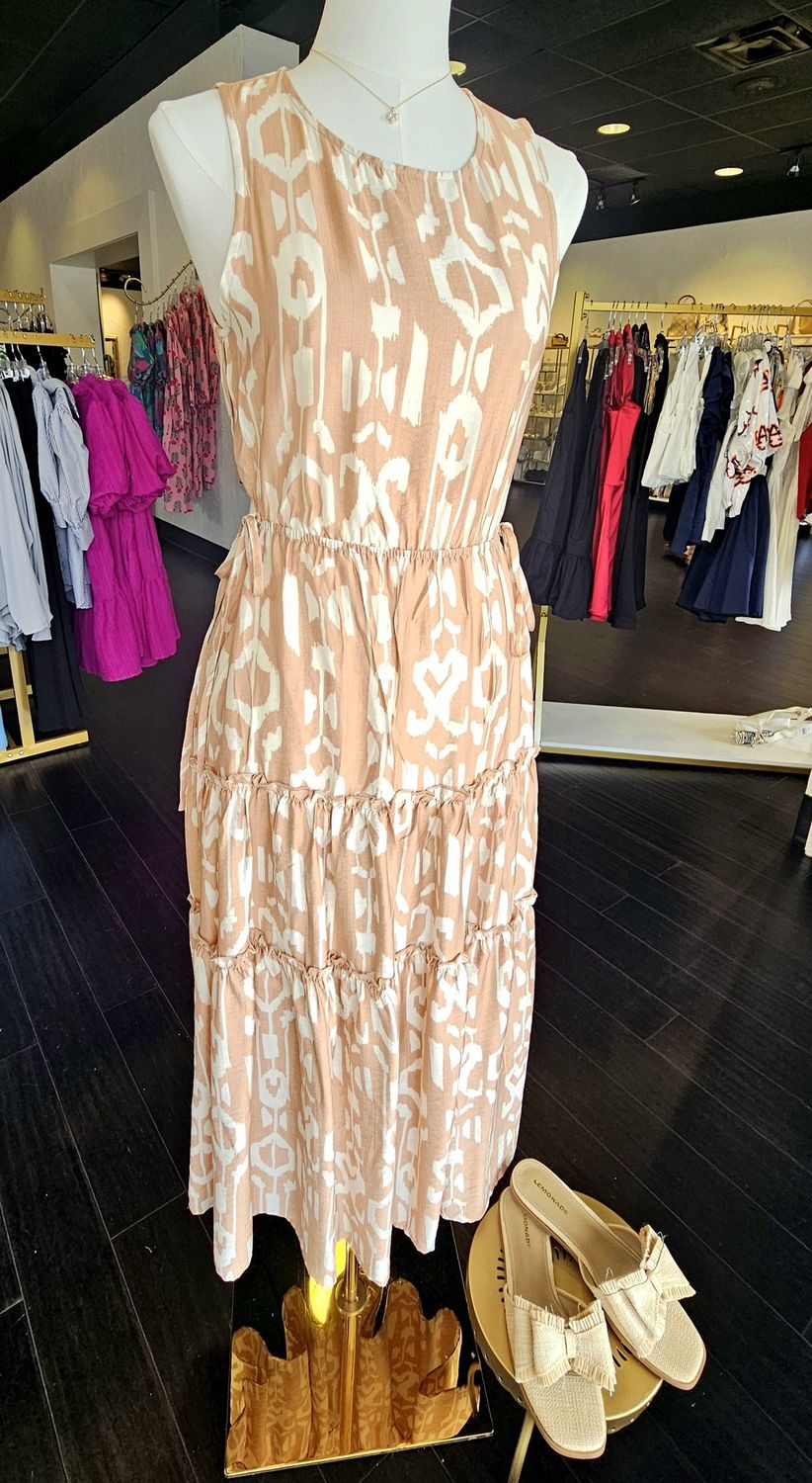 Sleeveless Waist-baring Printed Long Dress-Brown