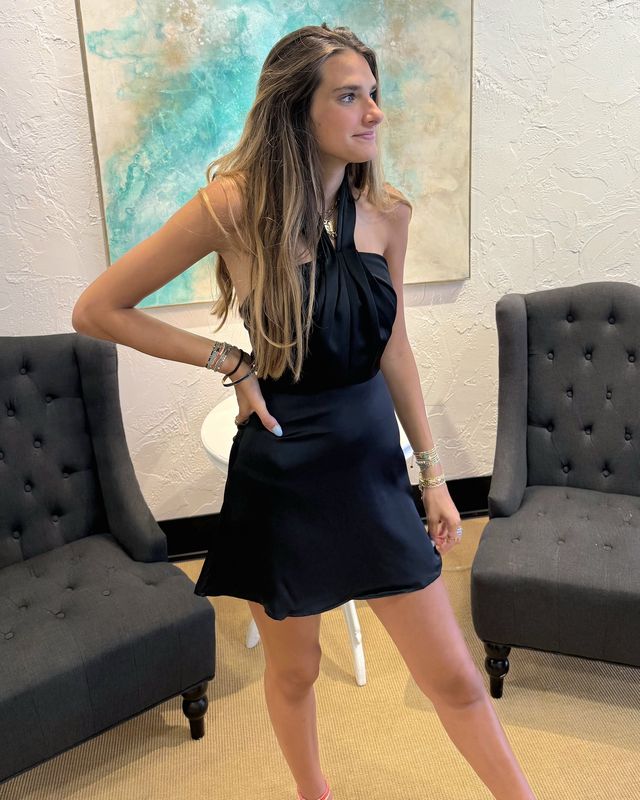 Pleated Halter Neck Bustier Mini Dress - Black