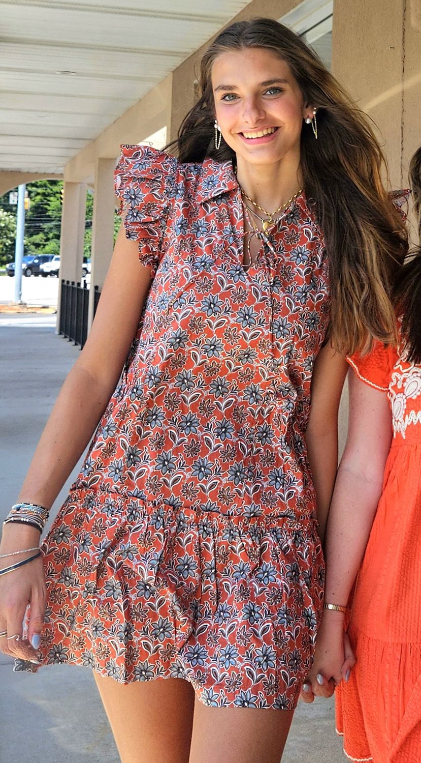 Rust Floral Ruffle Tunic Dress