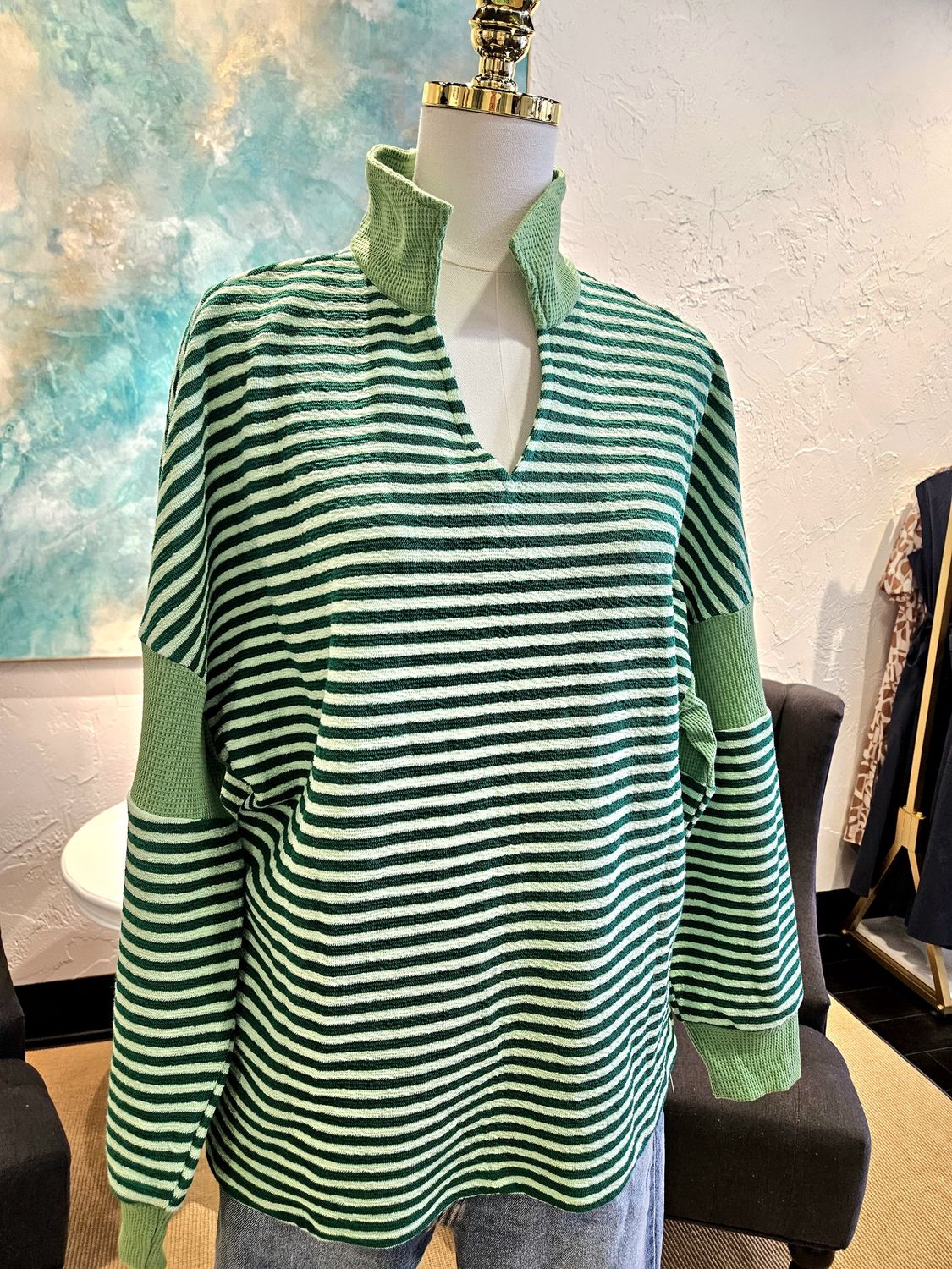 Stripe V Neck Patchwork Loose Top - Green