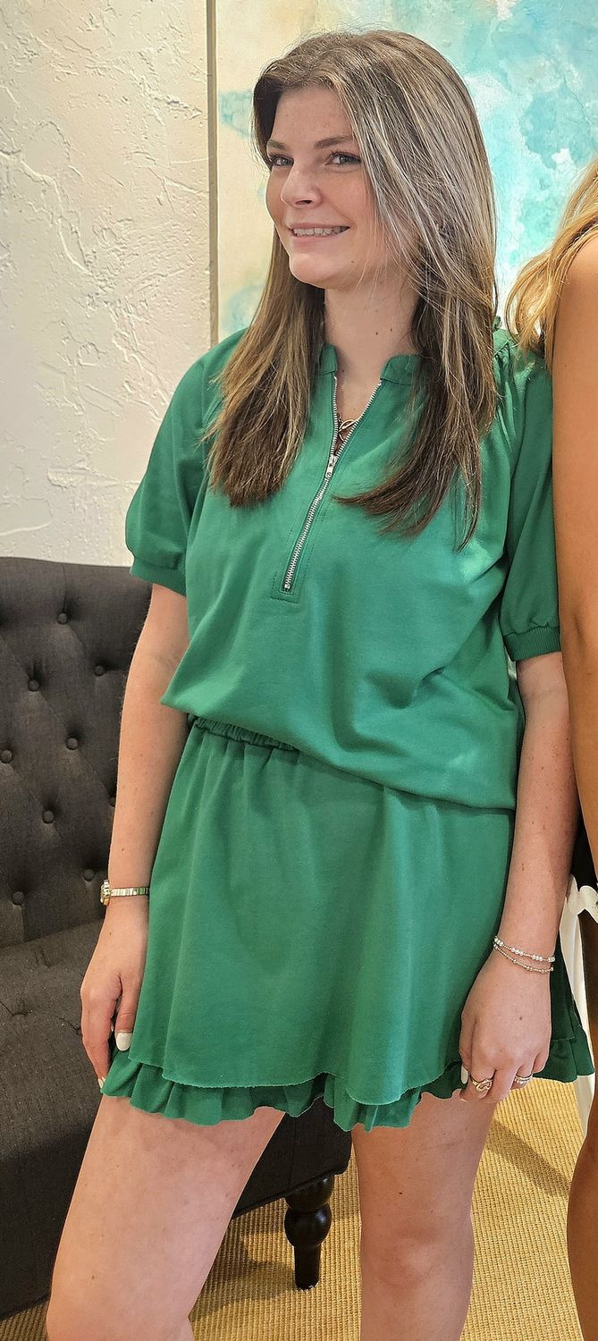 Green Half Zip Top, Ruffled Shorts Set