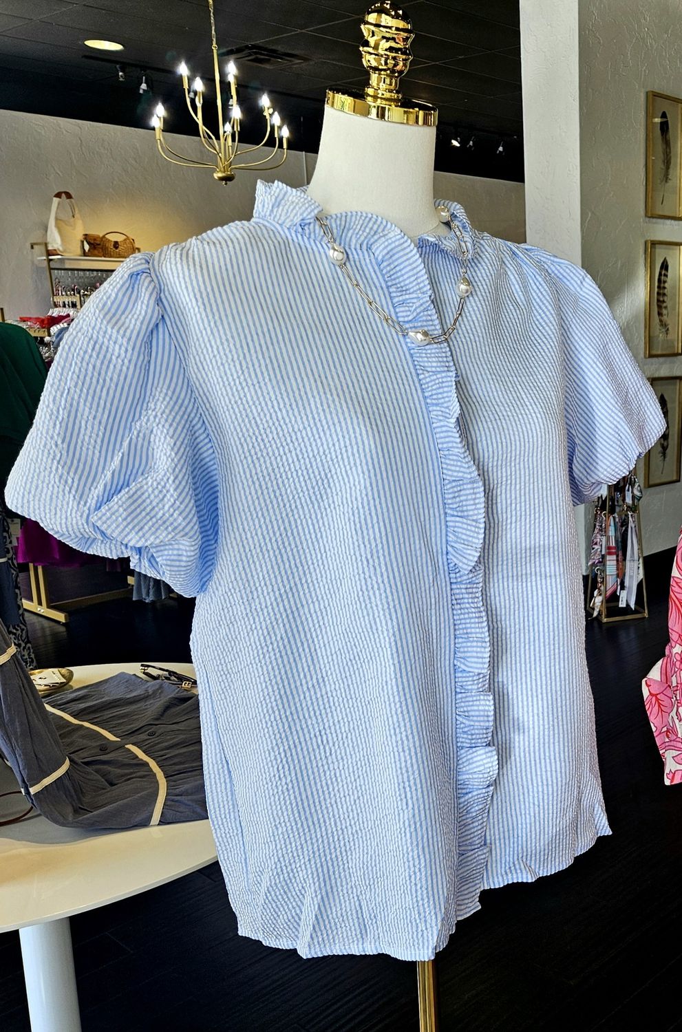 Texture Striped Ruffled Detail Shirt - Blue/White