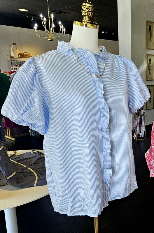 Texture Striped Ruffled Detail Shirt - Blue/White