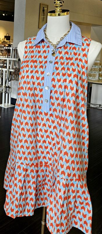 Sleeveless Blue/Orange drop waist dress