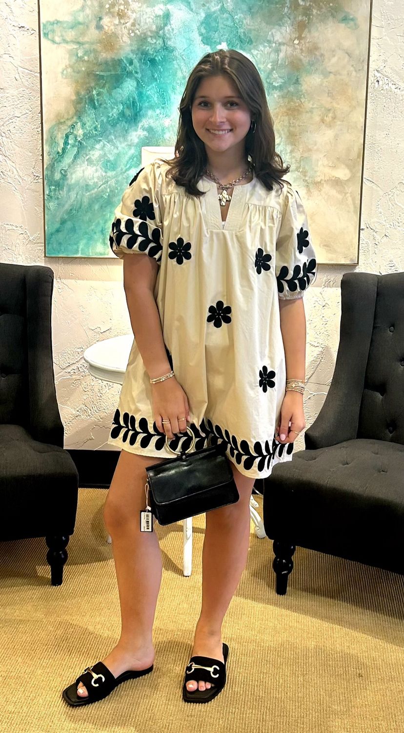 Flower Embroidery Cotton Mini Dress Ecru/Black