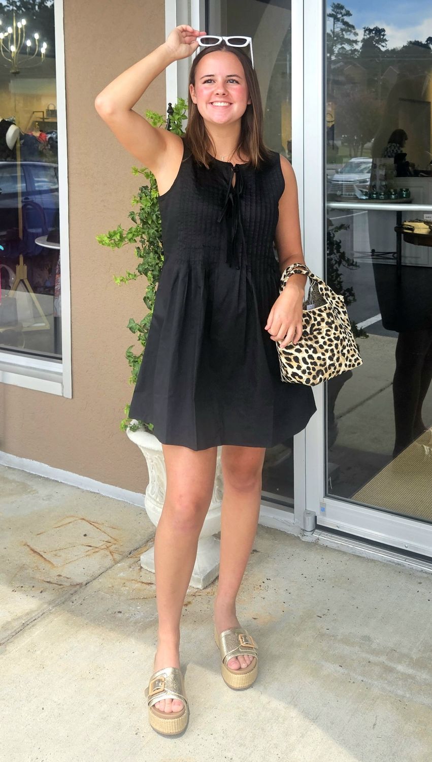 Pleated Tie Front Mini Dress - Black