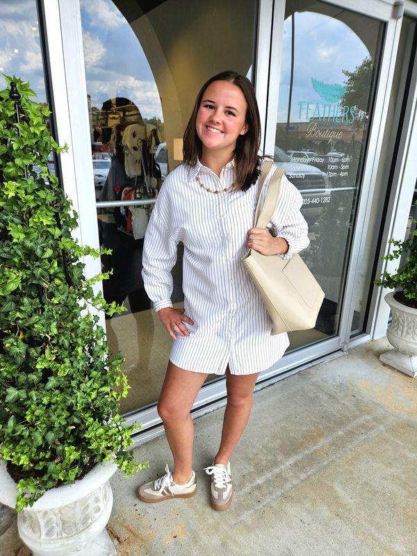 Khaki Stripe Long Sleeve Button Front Dress