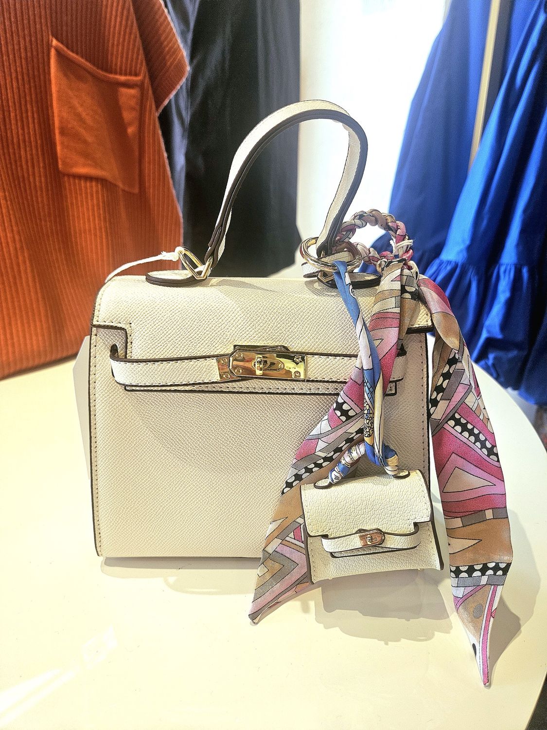 purse charm with scarf and baby Birkin-taupe