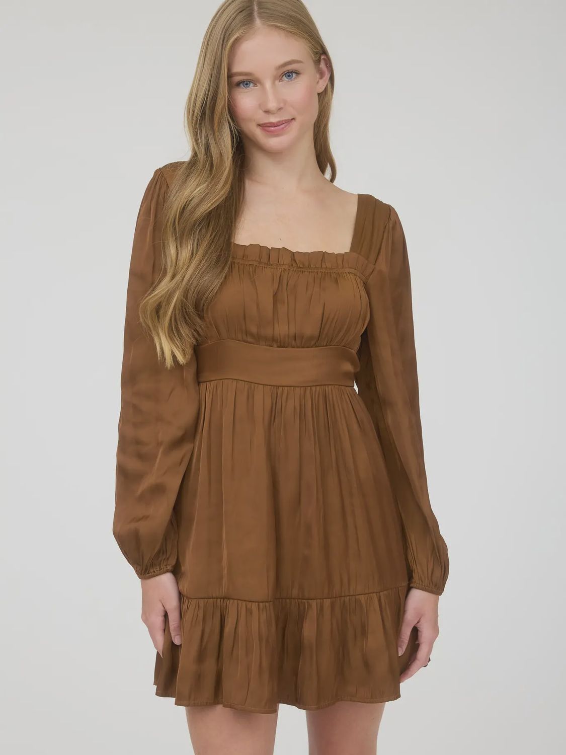 Satin Square Neck Long Sleeve Mini - Mocha