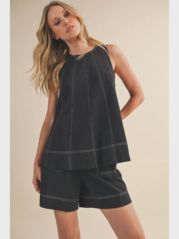 Contrast Color Stitch Sleeveless Top/Short Set