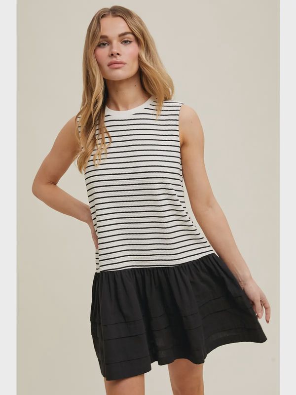 striped mini dress w pockets cream/black-navy/cream