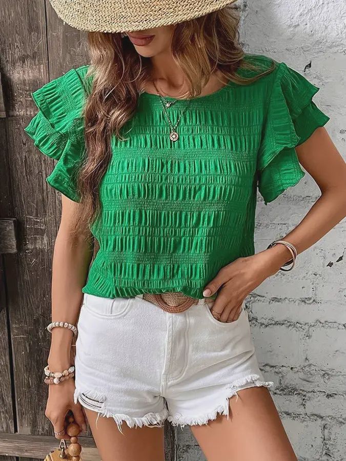 Ruffled Sleeve Crew Neck Blouse