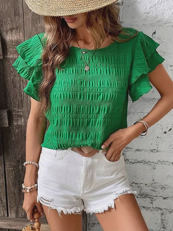 Ruffled Sleeve Crew Neck Blouse