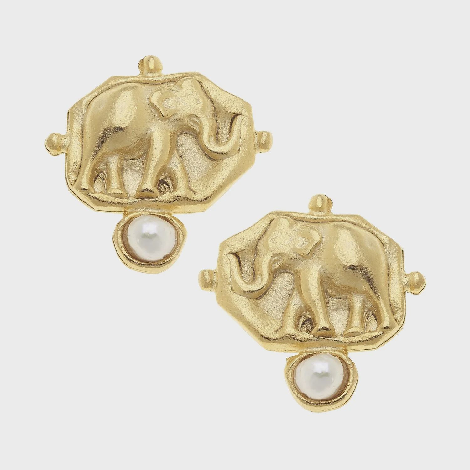 Gold Elephant Intaglio With Handset Freshwater Pearl Earring