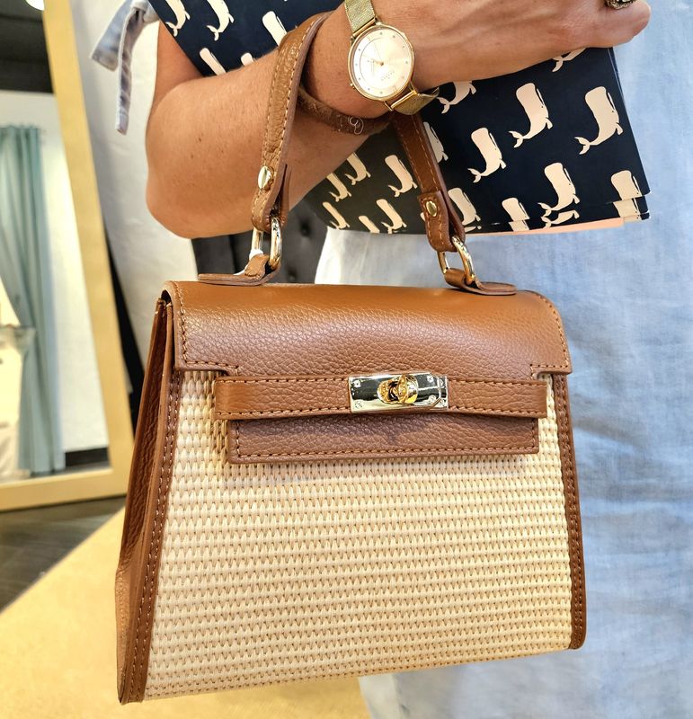 Italian Leather and Rattan Top Handle Bag - Camel