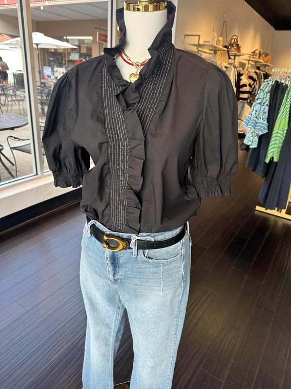 Ruffle Neck and Sleeve Top Black