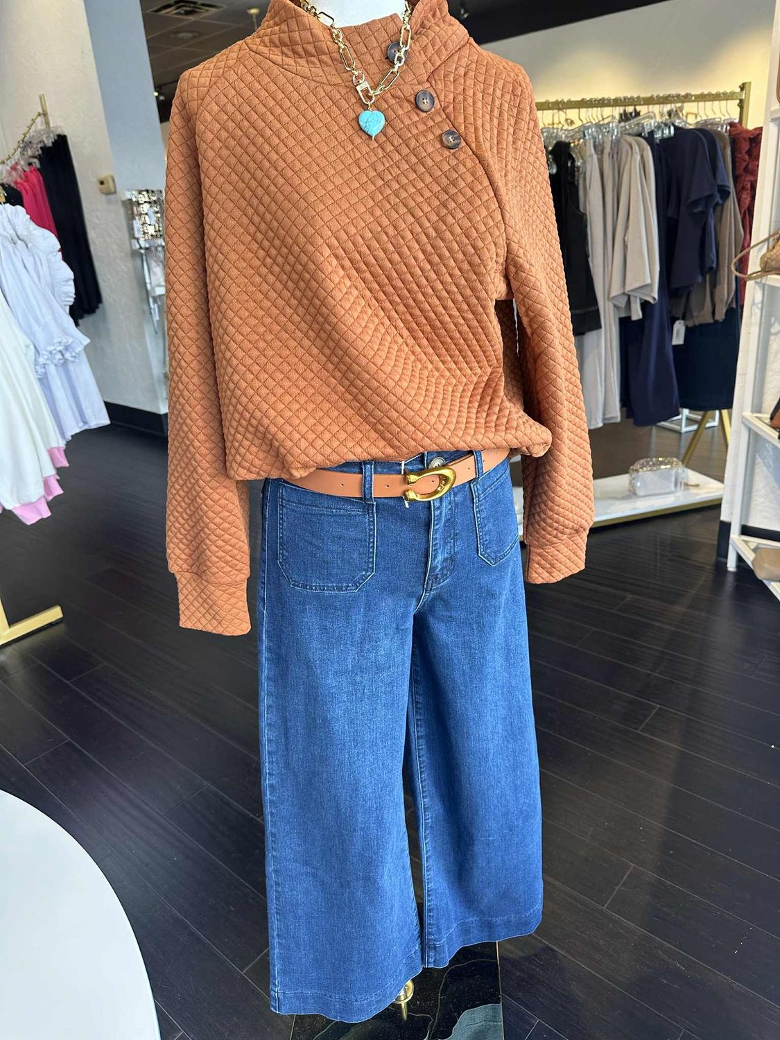 Quilted Buttoned Neckline Pullover Sweatshirt, Colour: Apricot, Size: Small