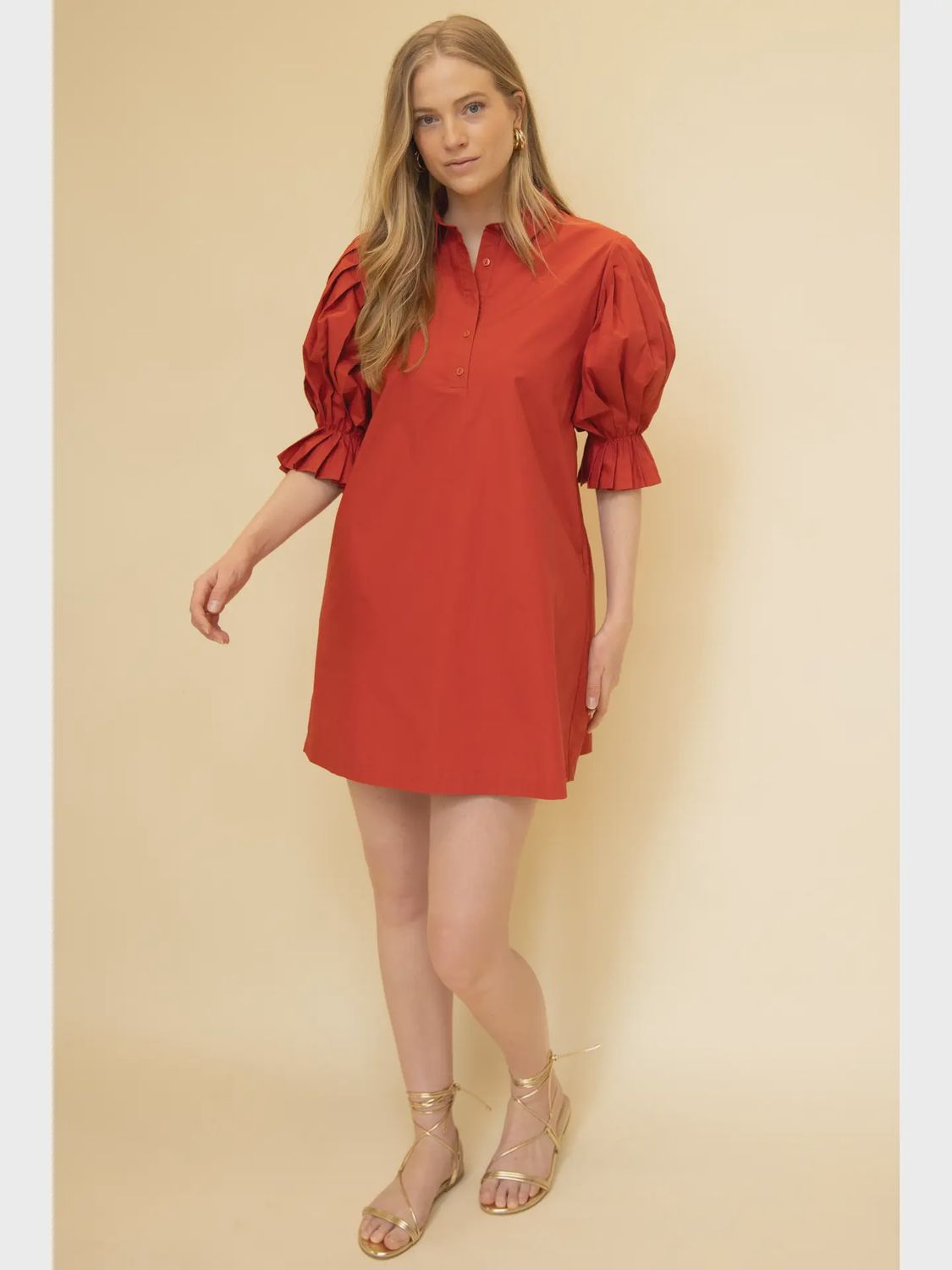 Poplin Pleated Sleeve Shirt Dress, Colour: Cherry Red, Size: XSmall