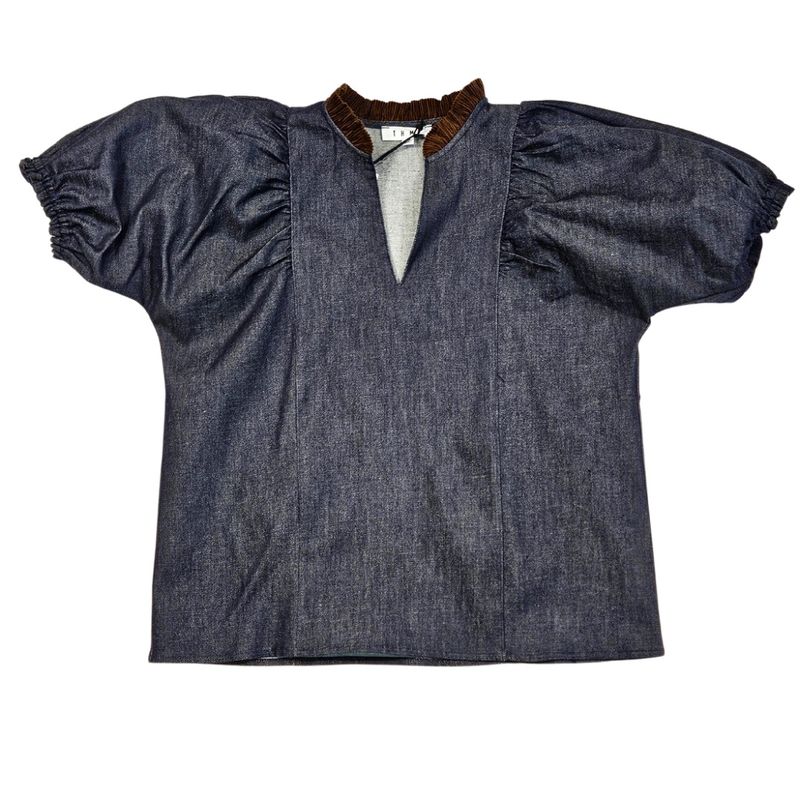 Puff Sleeve Corduroy Trim Denim Top