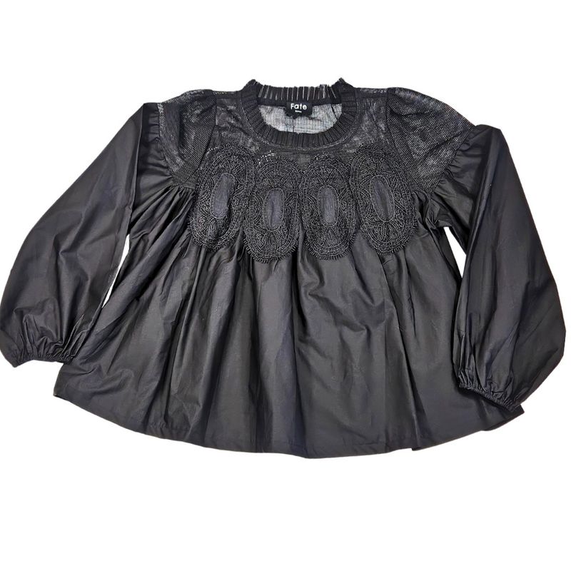 Lace Applique Black Long Sleeve Bouse