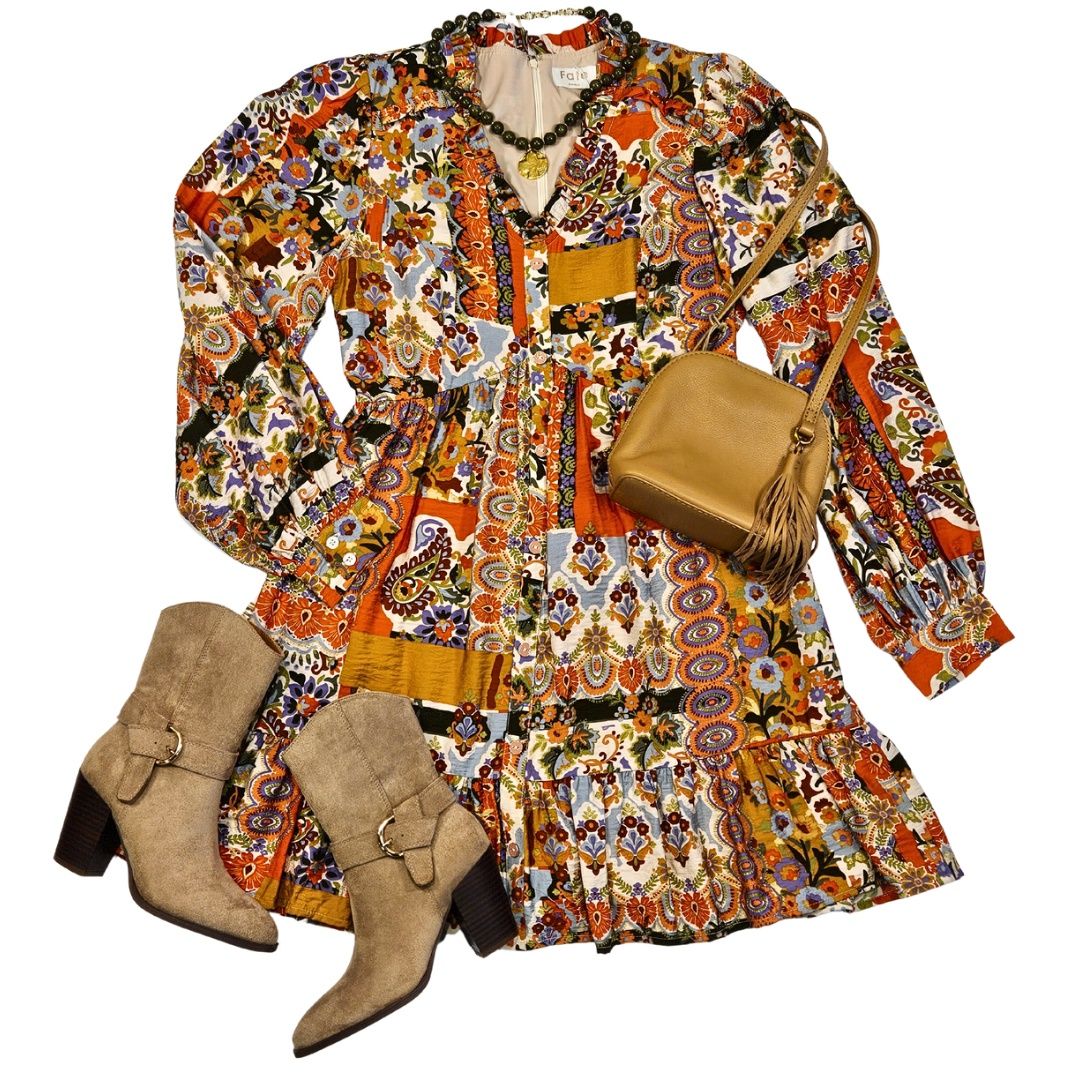 Patchwork Print Ruffled V-Neckline Button Front Patchwork Print Ruffled V-Neckline Button Front