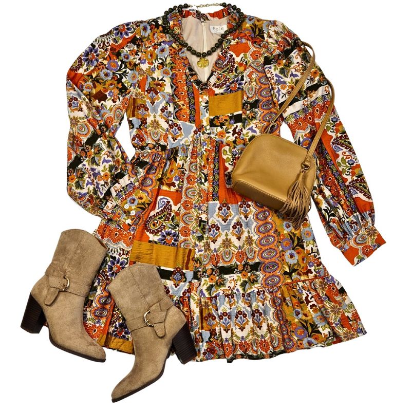 Patchwork Print Ruffled V-Neckline Button Front