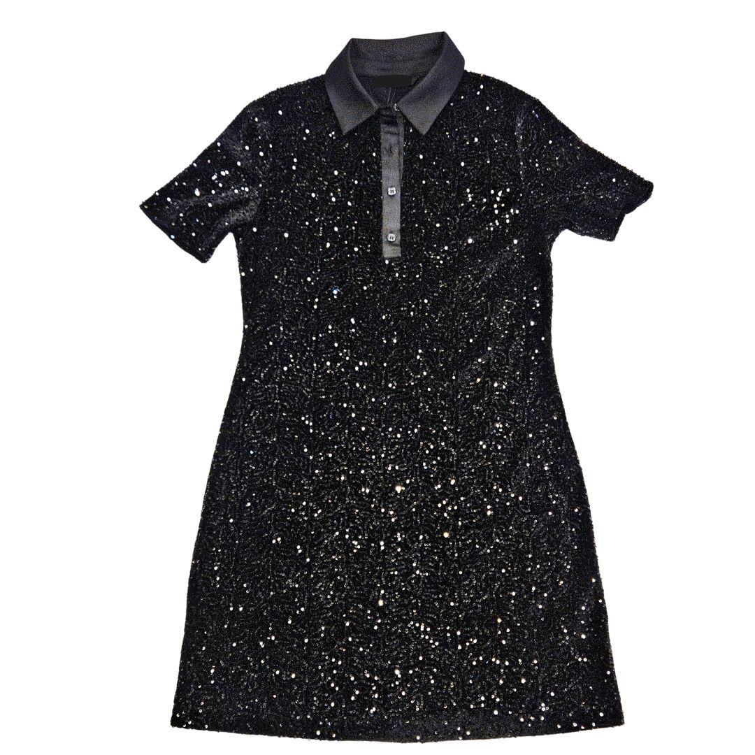Sequin Polo Short Sleeve Dress - Black