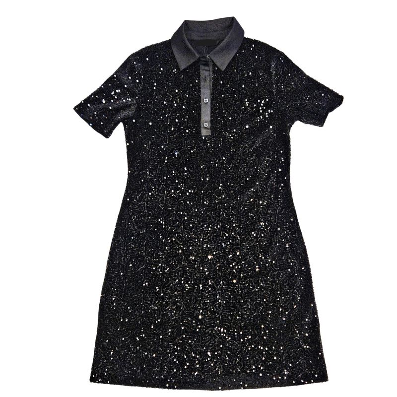 Sequin Polo Short Sleeve Dress - Black