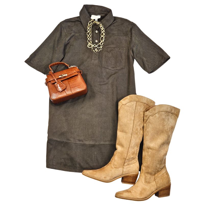 Half Sleeve Collared Suede Mini Dress