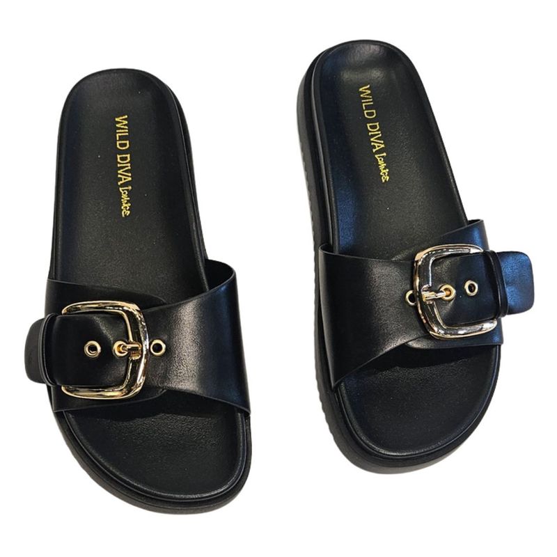 Bold Buckle Black Slip On Shoe