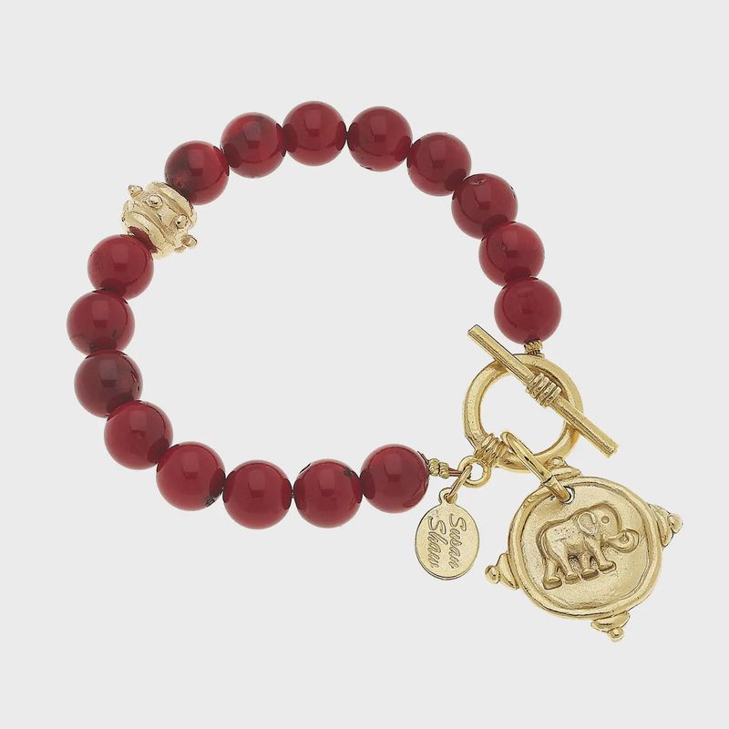 Gold Elephant Red Coral Bracelet